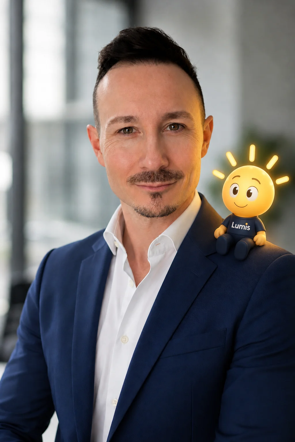 Manuel Dandler, Inhaber von Dandler Consulting. Auf seiner Schulter sitzt Lumi, das Maskottchen: eine leuchtende Glühbirne im Lumis-Shirt.