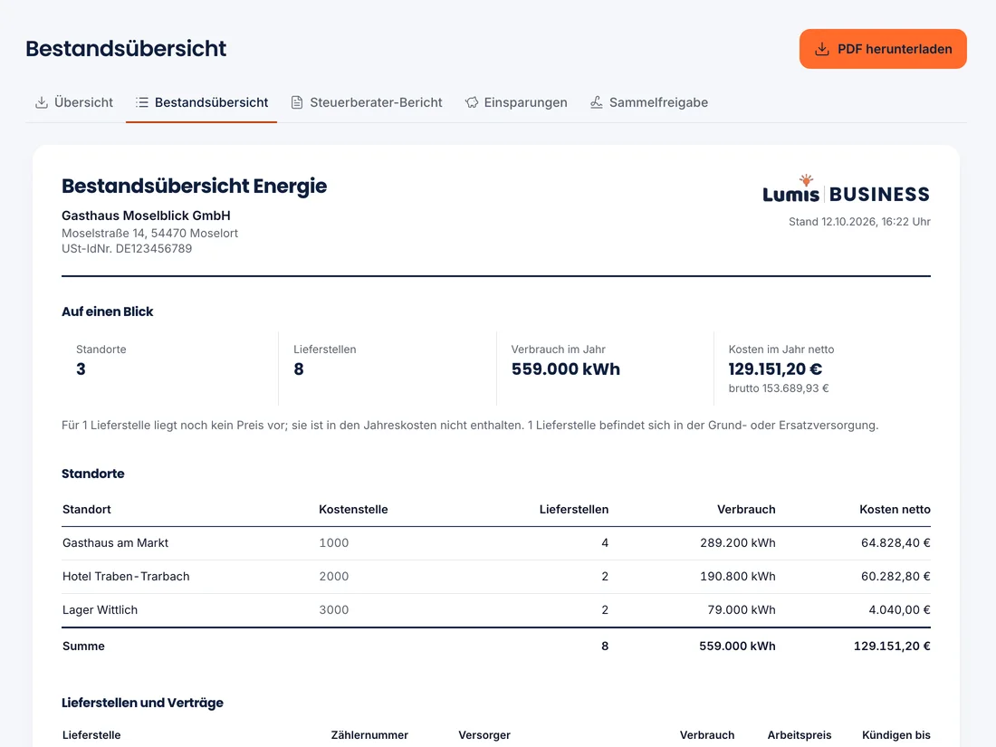 Lumis Business Bestandsübersicht mit Standorten, Verbrauch und Kosten im Jahr