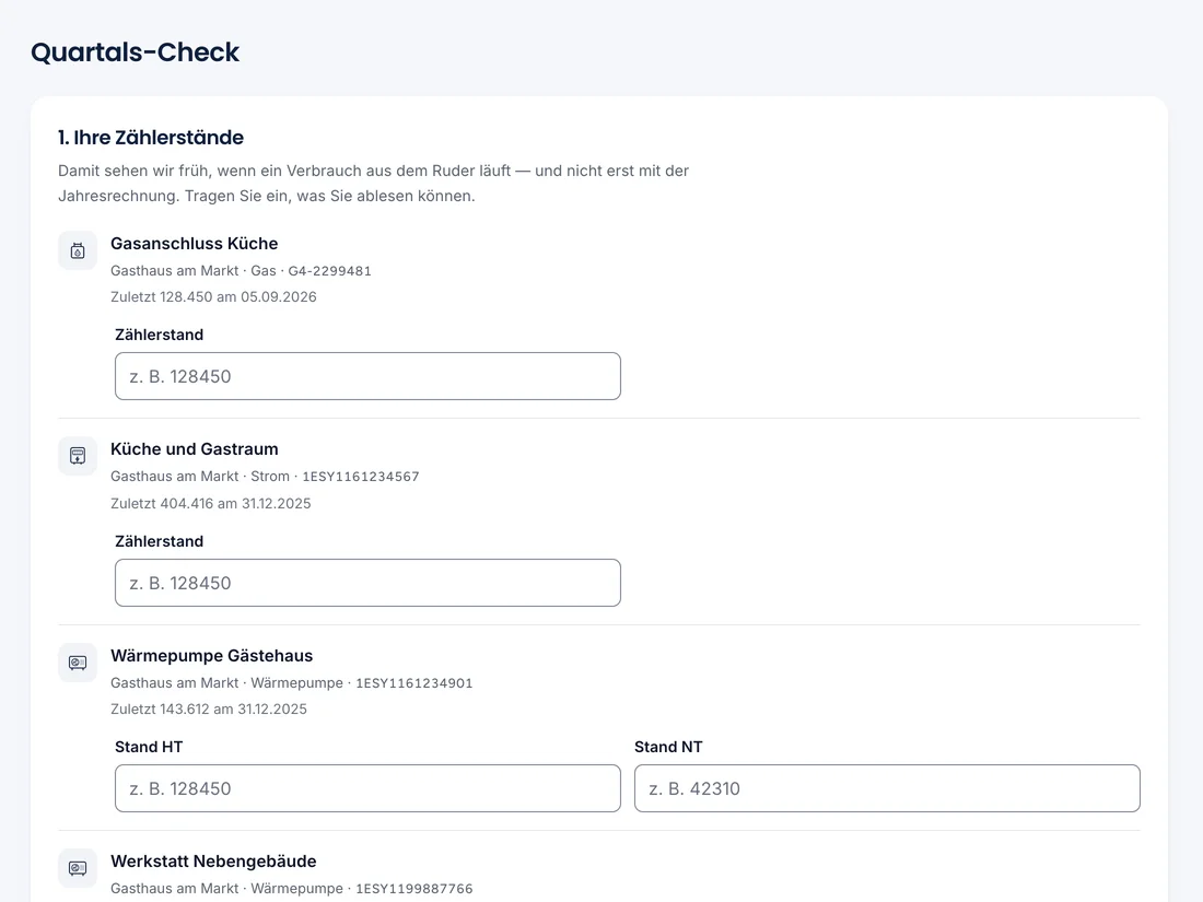 Lumis Business Quartals-Check mit Eingabefeldern für Zählerstände je Lieferstelle