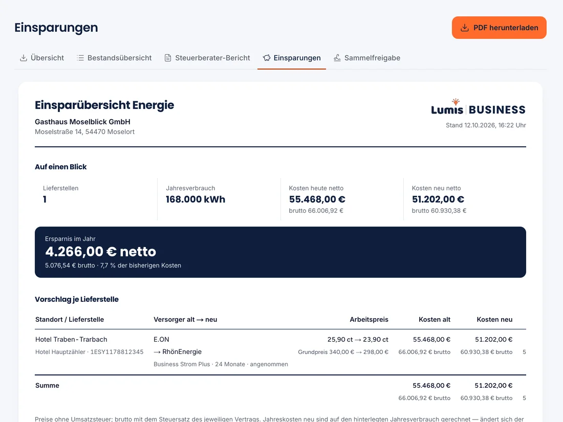 Lumis Business Einsparübersicht mit Ersparnis im Jahr und Vorschlag je Lieferstelle