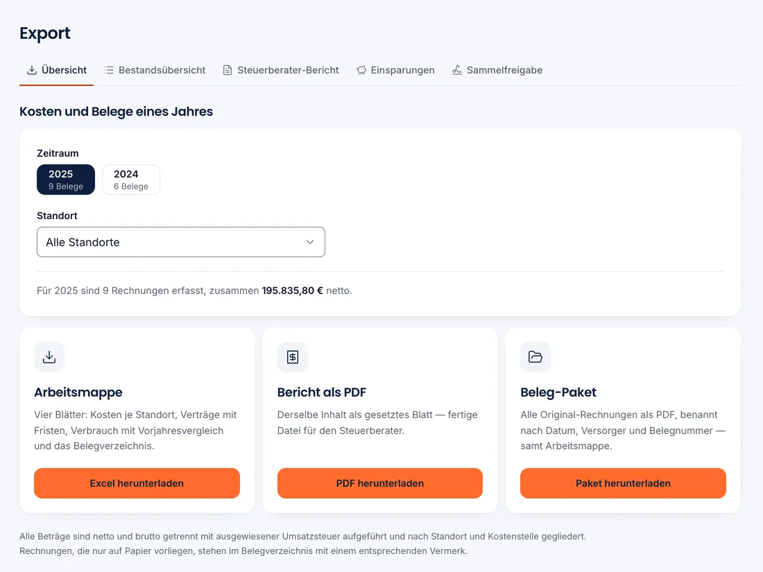 Lumis Business Export mit Arbeitsmappe, Bericht als PDF und Beleg-Paket
