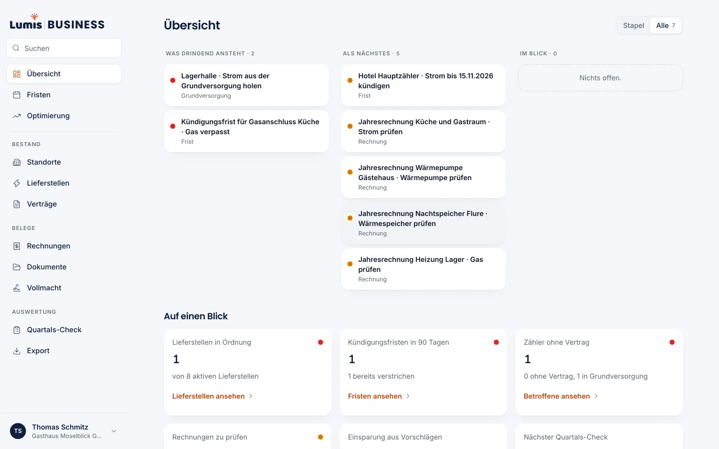 Lumis Business Übersicht: links die Navigation, rechts die Aufgaben in drei Spalten, was dringend ansteht, was als Nächstes kommt und was im Blick bleibt, darunter Kennzahlen zu Lieferstellen und Fristen