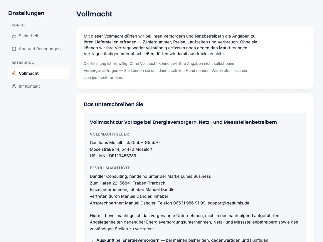 Lumis Business Vollmacht mit Erklärung und dem Text zum Unterschreiben